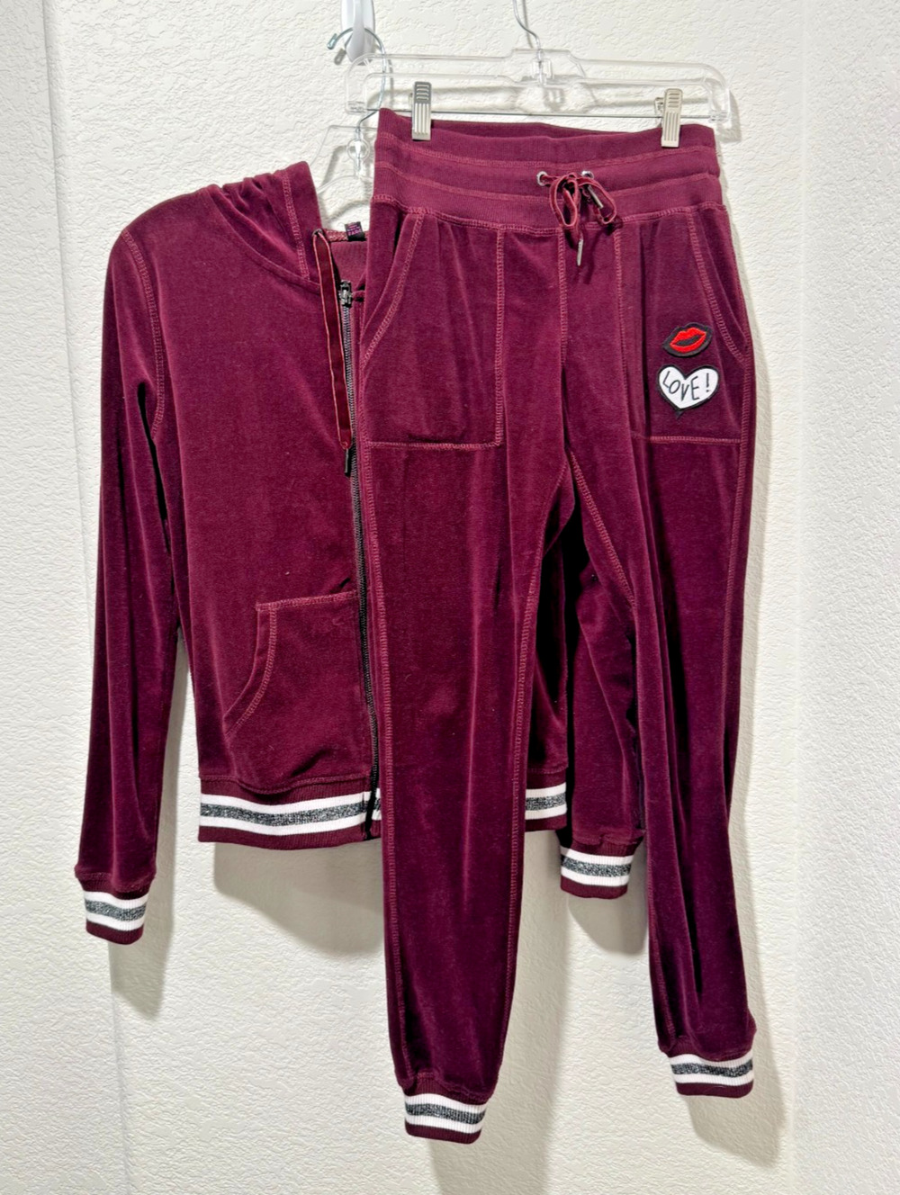 Betsey Johnson Performance Hoodie Pants Set Size S Wine Velour Full Zip Jacket